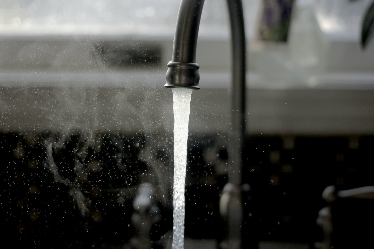 Water flowing from a kitchen faucet into a sink.